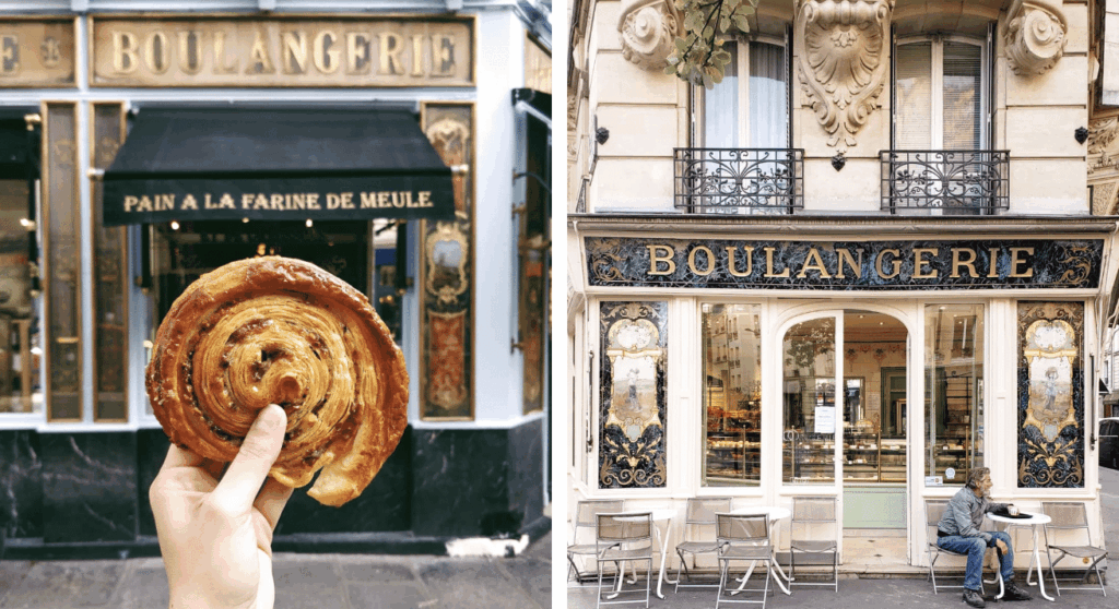 traditional Parisian bakeries with a pastry in hand and a local sitting at a café table
